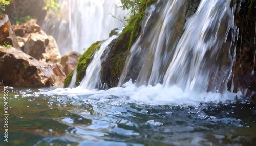 A close-up of cascading water flowing over moss-covered rocks into a tranquil pool, with soft sunlight illuminating the scene. 