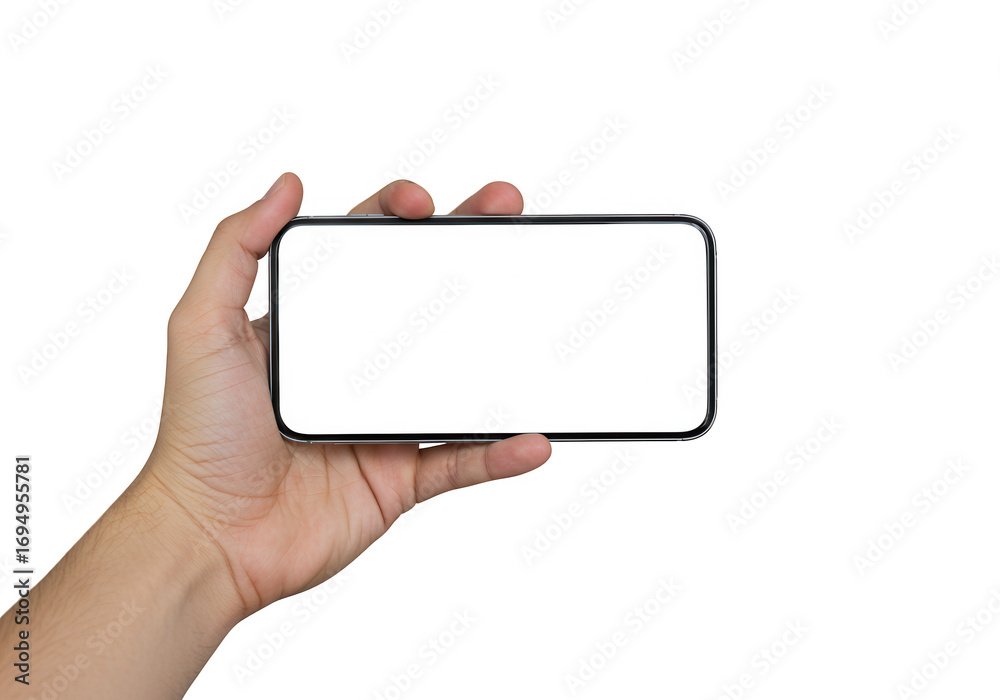 Fototapeta premium Human hand holding a modern smartphone horizontally with a blank white screen isolated on transparent background