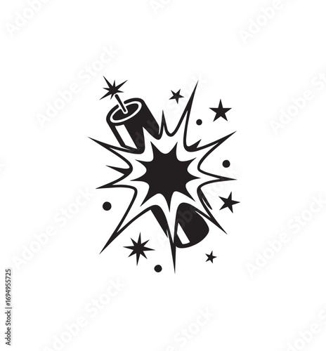 Black and white illustration of a dynamite stick exploding with stars and dots Keywords: dynamite, bomb, explosion, blast, boom, bang, firework, celebration, party, danger, risk, impact, energy