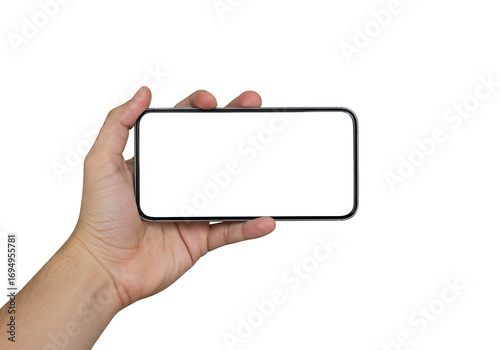 Human hand holding a modern smartphone horizontally with a blank white screen isolated on transparent background
