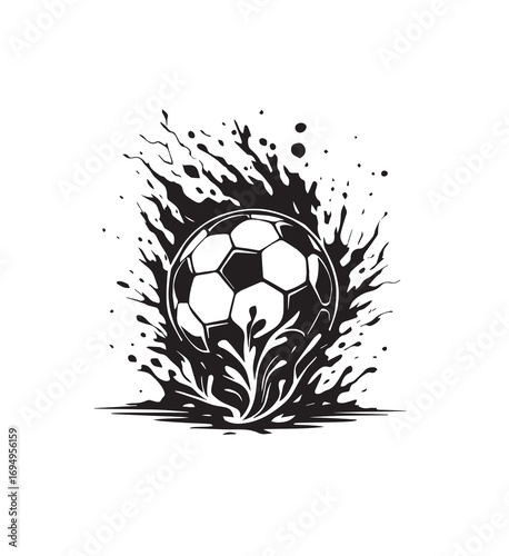 Black and White Illustration of a Soccer Ball with Splatter and Grass on White Background Keywords: soccer ball, football, sport, game, action, dynamic, splatter, splash, ink, grass, blades