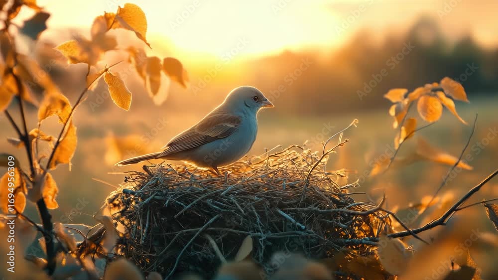 Bird perched on top of nest