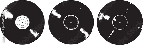 Three distinct vinyl record silhouettes on a white background