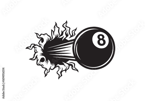 Black and white illustration of an eight ball with fiery energy bursting from a hole Keywords: eight ball, billiard ball, pool ball, 8 ball, fire, flames, energy, burst, explosion, impact, motion
