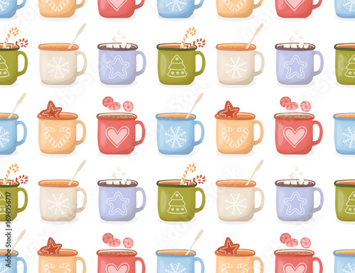 Bright Christmas ceramic cups and porcelain mugs with festive print and homemade hot drinks  on a white background. Seamless vector pattern for  festive wrapping paper, fabric, textile.