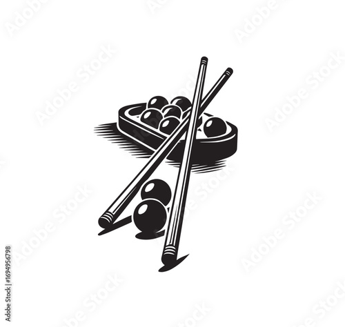 Black and white illustration of billiard balls and cue sticks in a rack on a white background pool balls
