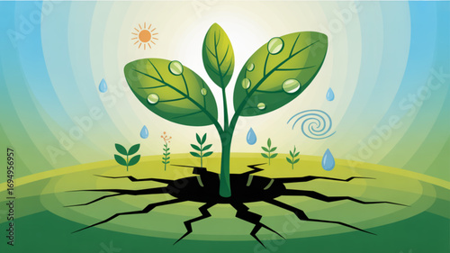 Illustration of a plant growing through cracked earth, symbolizing resilience, hope, and the power of nature to overcome adversity and environmental challenges