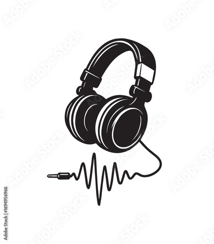 Black and white illustration of headphones with a sound wave and audio jack on a white background Keywords: headphones, audio, music, sound, listening, DJ, studio, recording, podcast
