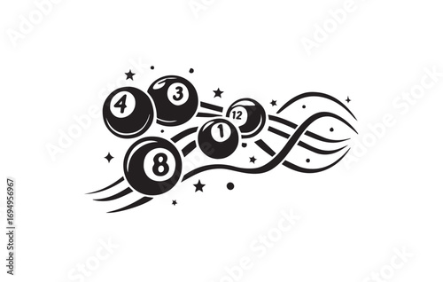 Black and white illustration of numbered lottery balls with swirling lines and stars on a white background