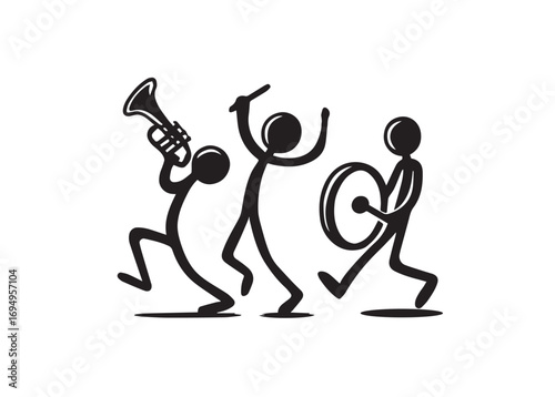 Black and white illustration of stick figures playing musical instruments and marching Keywords: stick figures, marching band, musicians, music, instruments, trumpet, drum, cymbals, playing music
