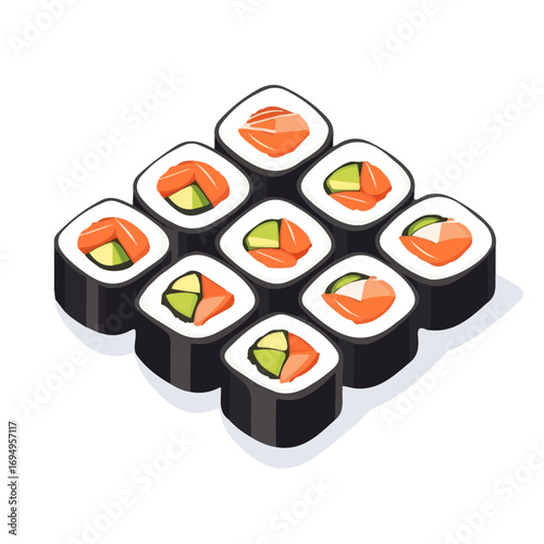Maki Rolls, vector graphic, 2D flat isometric cartoon illustration on white background.
