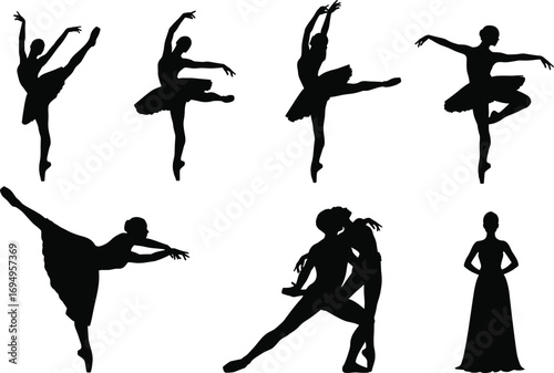 Ballet dancer silhouettes, elegant poses, pirouette, arabesque, classical dance, vector illustration, graceful movement, female performers, black figures, stage art, isolated design