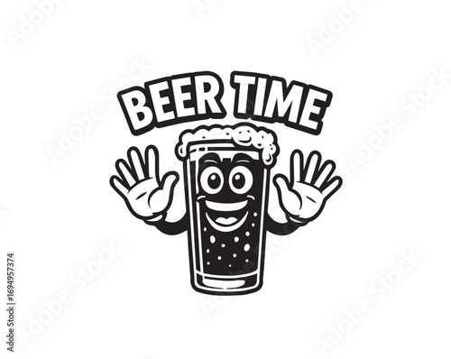 Cartoon beer glass character with text BERTIME and bubbly foam on white background Keywords: beer, drink, beverage, alcohol, pub, bar, cheers, celebration, party, fun, happy, joy, cartoon