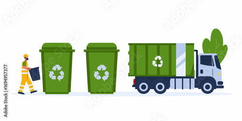 Sanitation worker collecting trash from green recycling bins next to a garbage truck