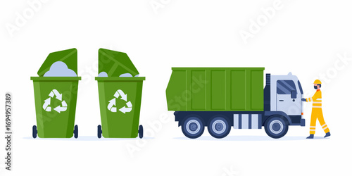 Sanitation worker in uniform with recycling bins and garbage truck on white background