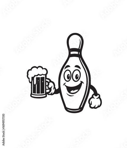 Cartoon bowling pin holding a frothy mug of beer drink