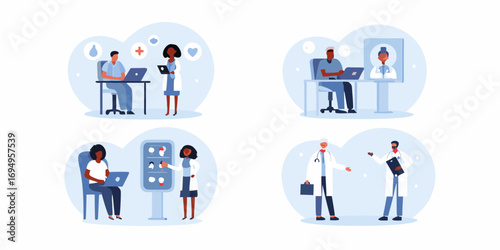 Diverse medical professionals engage in various healthcare activities including telemedicine patient consultation and medical research