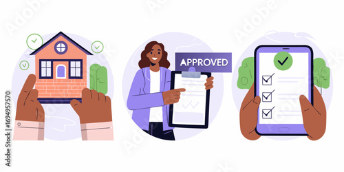 Illustration of a home purchase process with approval and checklist on a phone
