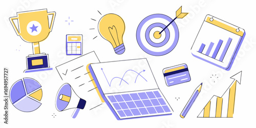 Business success concept with trophy lightbulb target chart and financial elements illustration