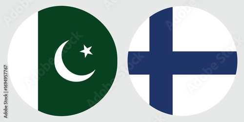 fineland and pakistan circular flag on a grey background