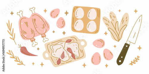 A charming hand drawn illustration of raw chicken legs eggs and a knife with decorative elements