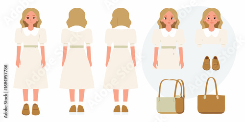 Fashionable young woman character design with front back and detail views and accessories