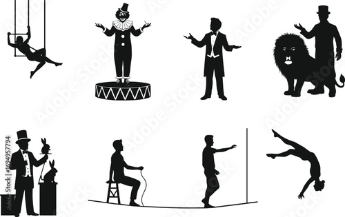 Circus performer silhouettes, trapeze artist, clown, ringmaster, magician, lion tamer, tightrope walker, acrobat, vintage entertainment, vector illustration for stock content