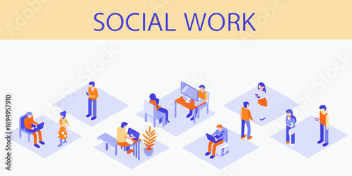 Isometric illustration of diverse people engaged in social work activities and using technology