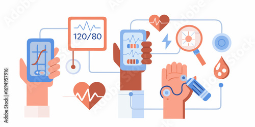 Digital health monitoring concept with blood pressure readings and heart rate graphs on smartphones and displays
