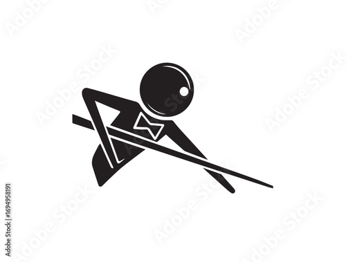 Silhouette of a stick figure playing billiards with a cue stick and wearing a bow tie on a white background