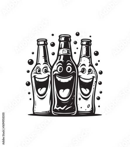 Three happy cartoon beer bottles with smiling faces and bubbles vector illustration