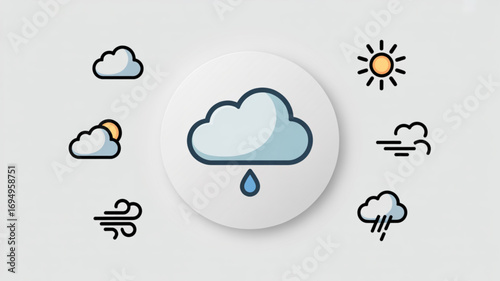 Weather forecast icon set, representing various conditions such as sunny, cloudy, rainy, and windy, meteorology and climate