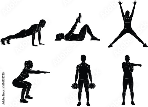 Fitness workout silhouette vector, plank, squat, dumbbell, jumping jack, stretching, leg raise, gym exercise pose, healthy lifestyle, editable illustration