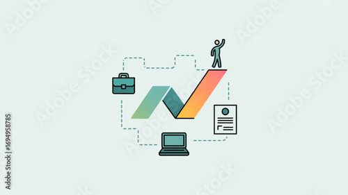 Illustration of business success with graph, briefcase, laptop, document, and person on top, symbolizing career growth, achievement, and professional development