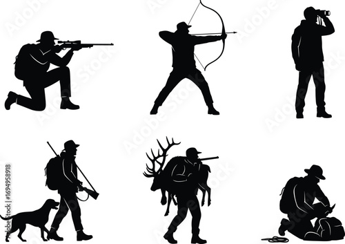 Hunting silhouette vector set, rifle, bow, deer, dog, binoculars, outdoor activity, hunter pose collection, black isolated icons, editable illustration