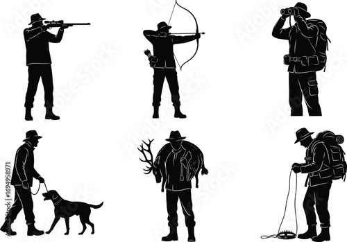 Hunting silhouette vector, outdoor adventure icons, rifle, bow, binoculars, dog, antlers, rope, wilderness survival, forest exploration, camping, archery, trekking