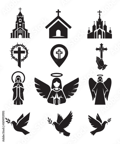 Christian Church Cross Angel Dove Prayer Religious Symbol Icons.