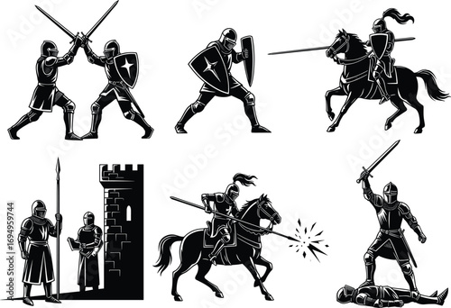 Medieval knights in battle scenes, sword fighting, horse combat, castle defense, heroic victory moments, black and white vector illustration for historical content