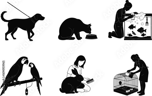 Pet care silhouette vector, dog walking, cat feeding, aquarium cleaning, bird interaction, animal grooming, black and white icons, domestic pet activities