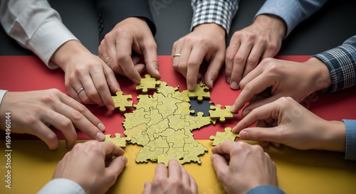 Hands assembling a jigsaw puzzle representing Germany, symbolizing unity and collaboration