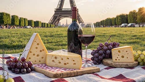 Picnic with wine, grapes, and cheese near Eiffel Tower