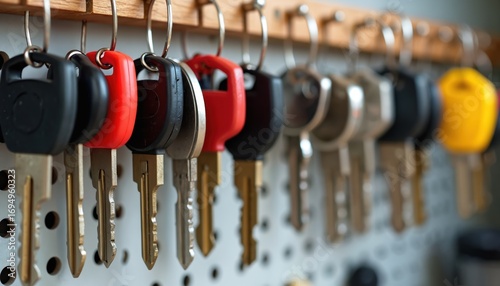 Collection of house and car keys hanging on wall organiser. Variety of metal keys with colourful keychains displayed for duplication and storage. Practical access and security hardware solution.
