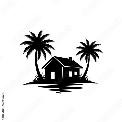 Tropical house with palm trees silhouette isolated on white background