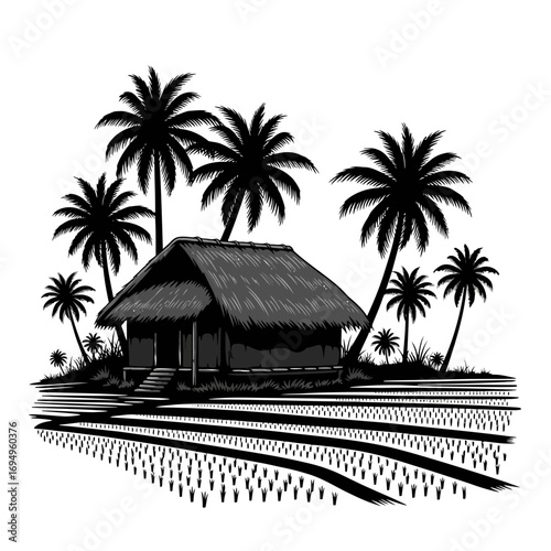Tropical hut and palm trees silhouette isolated on white background