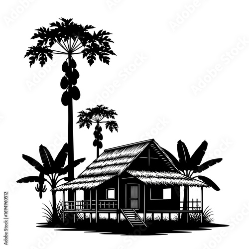 Tropical hut with papaya and banana trees silhouette isolated on white background