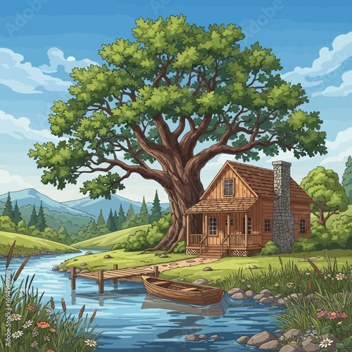 Rustic wooden cabin by a peaceful lake with a large oak tree silhouette isolated on white background