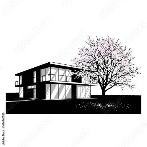 Modern house with blooming tree silhouette isolated on white background