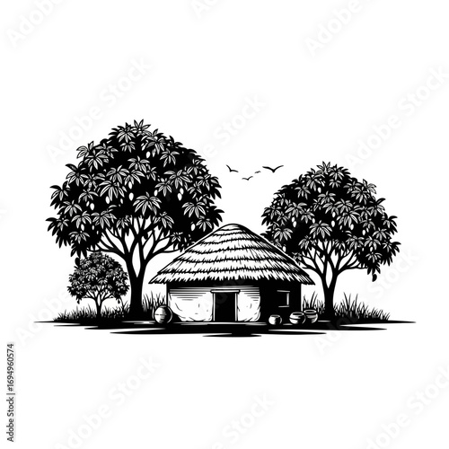 African village hut with trees and birds silhouette isolated on white background