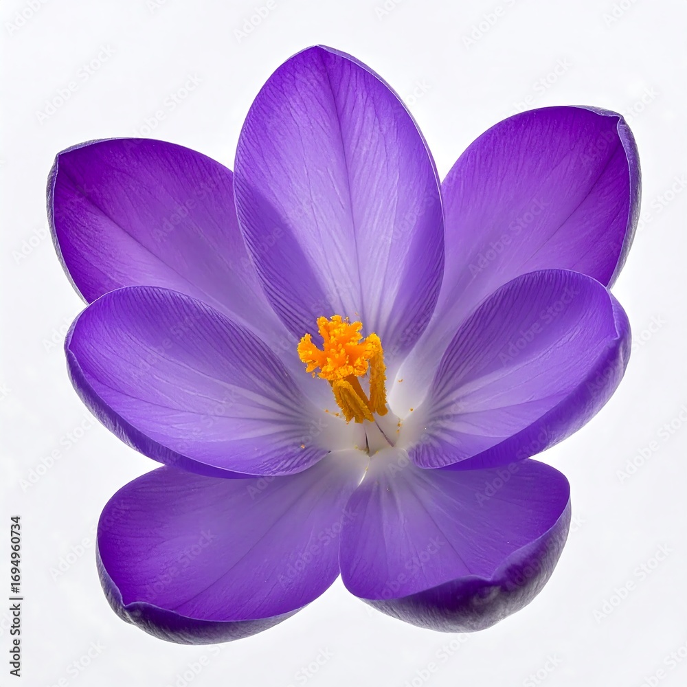 Fototapeta premium A vibrant, close-up view of a single crocus blossom, showcasing its deep purple petals and a striking center of orange stamens against a simple white background.