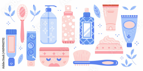 Collection of cute flat design skincare and beauty products with botanical elements and decorative accents
